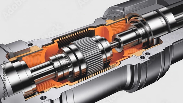 Fototapeta A detailed cutaway view reveals the intricate internal mechanism of a precision engineered machine with gears and metal components