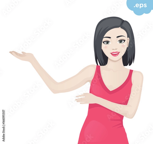 Fototapeta  Young girl shows hands aside. The model demonstrates and shows paying attention to.