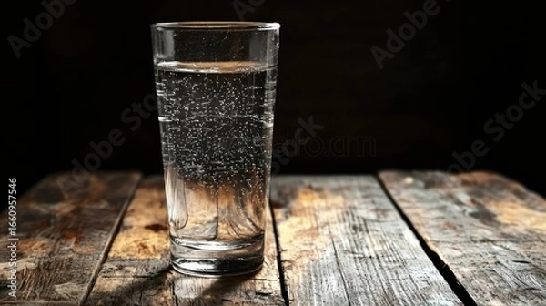 Fototapeta A clear glass of water sits on a weathered wooden table. The glass is filled with water that contains small bubbles, suggesting it is sparkling water. 
