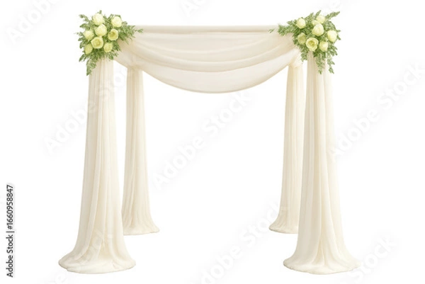 Fototapeta Wedding arch draped with white cloth and decorated with flowers on transparent background