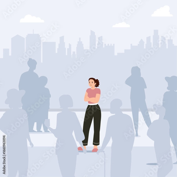 Fototapeta A young woman stands alone in a city crowd, feeling isolated and detached from her surroundings