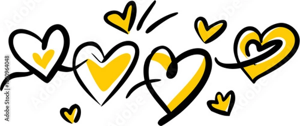 Fototapeta Hand drawn hearts with yellow accents scattered across a white background creating a playful design