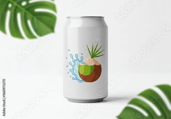 Obraz Refreshing Coconut Water Splash on a Can - Tropical Beverage Illustration