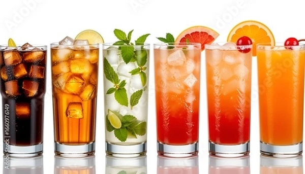 Fototapeta Assorted colorful iced drinks presented in a row, showcasing refreshment and variety for summer.