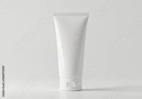 Fototapeta Clean white cosmetic tube mockup for cream or lotion, standing on a simple white background for product packaging design and branding.
