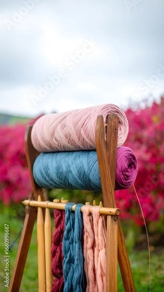 Obraz Colorful yarn spools on wooden stand amidst fall foliage