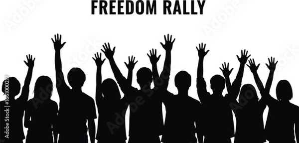 Fototapeta Crowd rallying for freedom with their hands raised high in silhouette