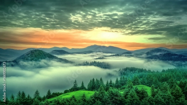 Fototapeta Rolling hills covered in lush green forests under vibrant sunrise, with blanket of fog creating serene and mystical atmosphere
