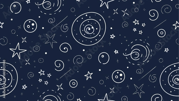 Fototapeta Seamless pattern of stars moons spirals and circles on a dark blue background perfect for textile design