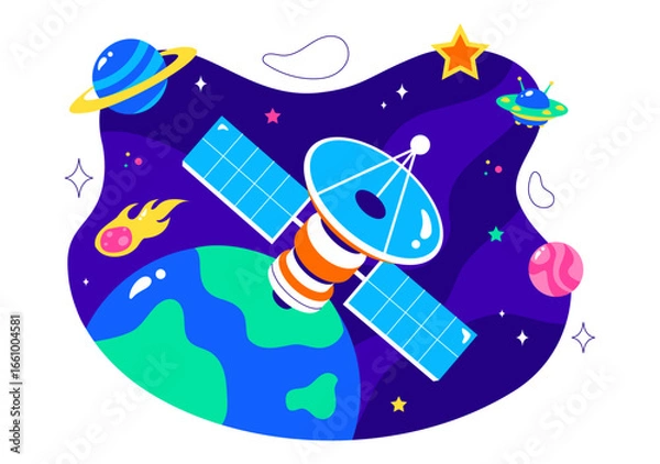 Fototapeta Satellite Internet Technology Vector Illustration featuring Satellites in Orbit Transmitting Signals for Global Network Connectivity in a Background