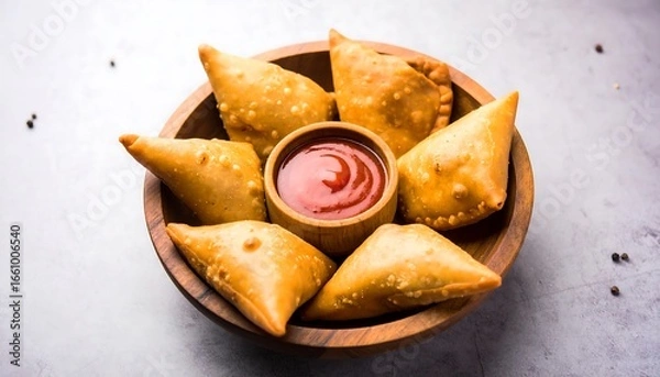 Obraz Crispy samosas served with tomato chutney