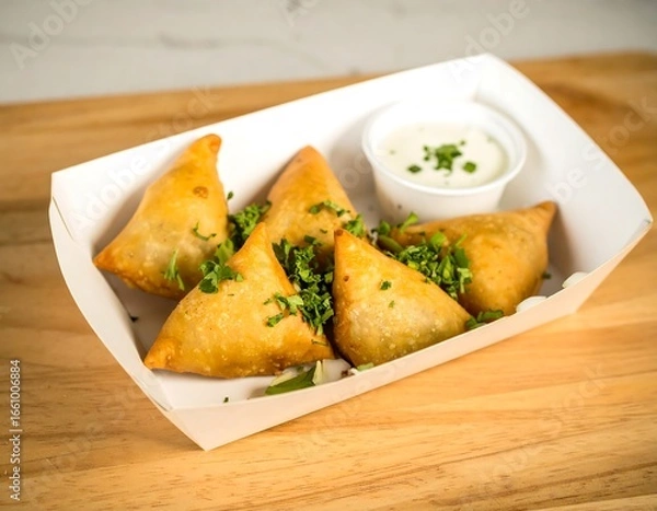 Obraz Crispy triangular pastries with creamy sauce