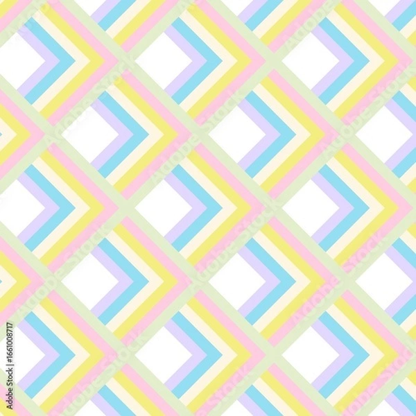 Fototapeta A fresh and bright seamless pattern with a clean harlequin grid.The gentle chevron stripes in soft pastel pink, yellow, blue, and purple create a delightful rhythm against a white and green background