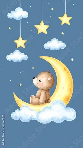 Obraz Cute bear sitting on crescent moon, amongst clouds and stars