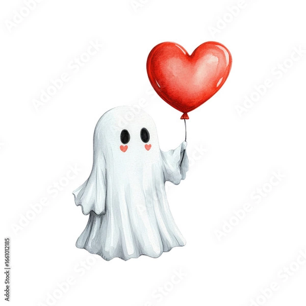 Obraz Cute ghost holding a red heart balloon