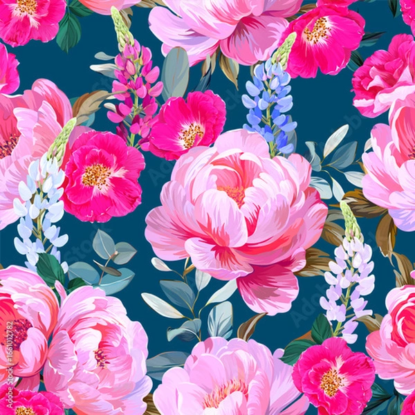 Fototapeta Pattern with peonies and lupine flowers, roses, rose hips. Vector floral pattern with summer flowers and peonies. For paper, fabric, packaging and interior design.