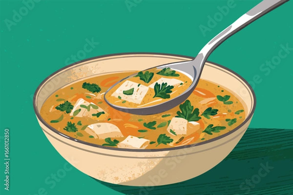 Obraz Close-up action shot of a silver spoon submerging into rich, steaming chicken noodle soup, showcasing noodles, carrots, celery, herbs, and broth.