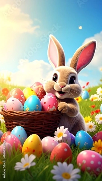 Obraz Cute Easter bunny with colorful eggs