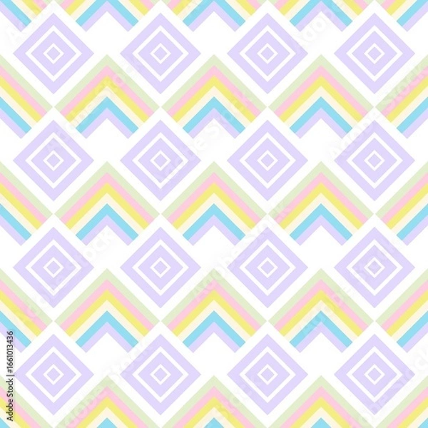 Fototapeta A charming and elegant seamless pattern with a delightful mix of chevrons and diamonds. The soft pastel palette of purple, pink, yellow, and blue.