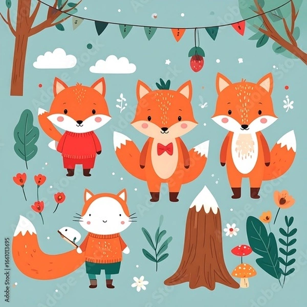 Obraz Cute foxes and a cat in a winter forest scene