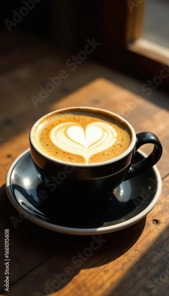 Fototapeta Black cup, heart-shaped latte art, sunlit rustic wood , art, overhead