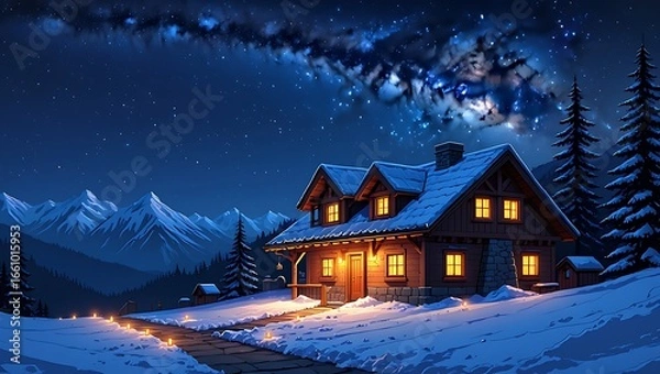 Fototapeta Cozy Cabin Retreat under Starry Night Sky a Winter Wonderland Escape with Snow Capped Mountains and Glowing Lights
