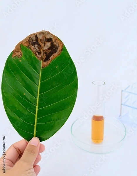 Obraz Diseased leaf sample with lab test tube