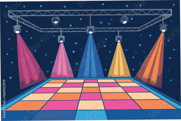 Obraz Vibrant dance floor with dynamic, multicolored spotlights creating intersecting beams of light.