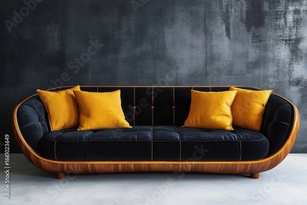 Fototapeta Black velvet sofa with mustard pillows, positioned against a dark concrete wall, reflecting art deco home interior design for a modern living room. 3D rendering, Generative AI
