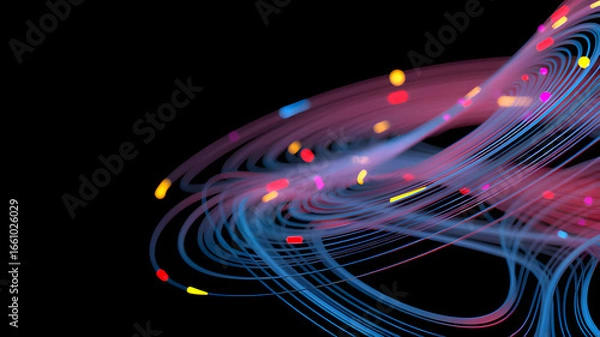 Fototapeta Abstract swirling fiber optics with colorful lights on black background