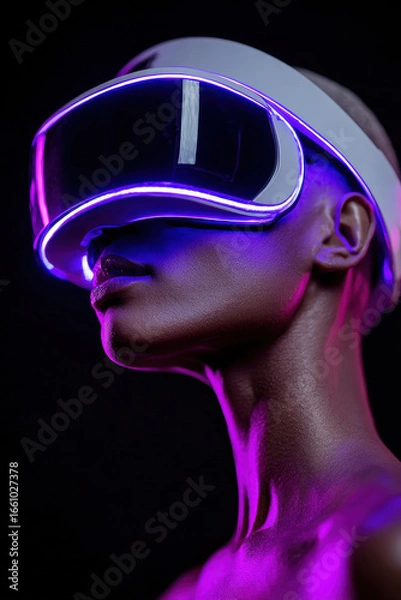Obraz Girl in profile with futuristic VR headset, neon purple lights, black background, artistic high-tech image for metaverse and digital future