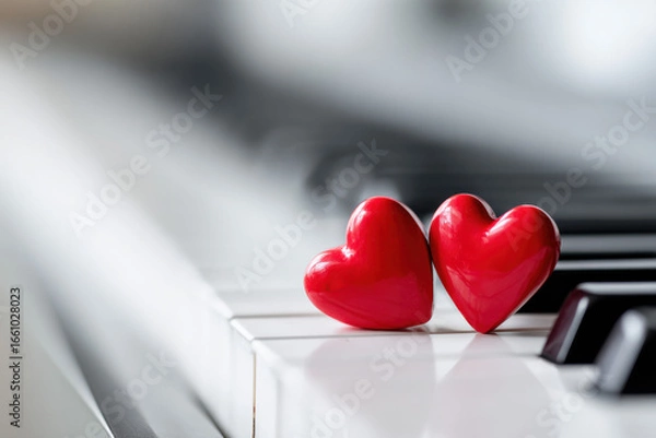 Fototapeta Close-up of two red hearts resting on piano keyboard, romantic music theme