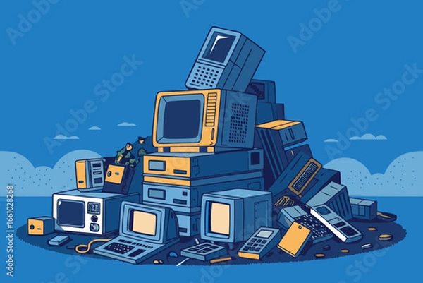 Obraz Towering heap of discarded electronic waste, obsolete computers, old telephones, tangled wires, circuit boards, tech graveyard, digital refuse, e-waste dump.