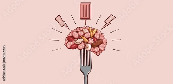 Fototapeta A whimsical illustration of a brain made of various nuts and snacks, impaled by a fork, symbolizing the connection between food and mental stimulation.