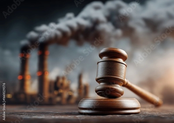 Fototapeta A gavel rests on a wooden surface with smokestacks emitting pollution in the background, symbolizing the intersection of law and environmental issues.