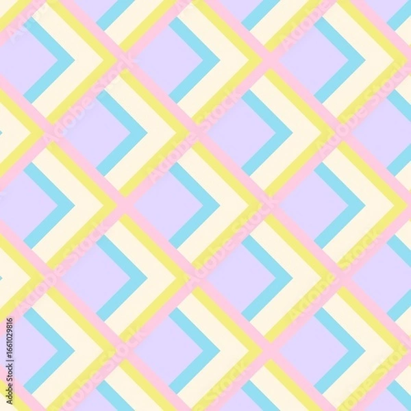 Fototapeta The interlocking chevron stripes in soft pastel yellow, blue, and light purple create a delightful rhythm against a gentle pink background, perfect for a cozy and modern design.