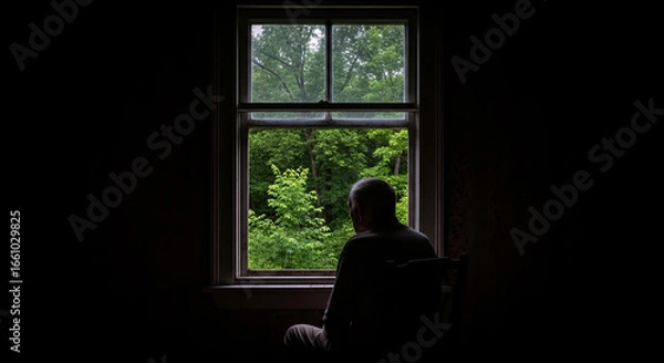 Fototapeta An elderly man sits near the window of an old house all alone.