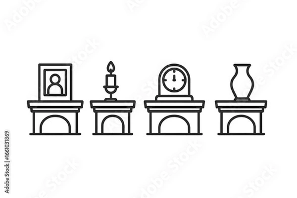 Fototapeta Fireplace mantel icons set. Outline vector illustration of decorating a mantelpiece with framed photo, candle holder, antique clock, and decorative vase. Home interior design concept.