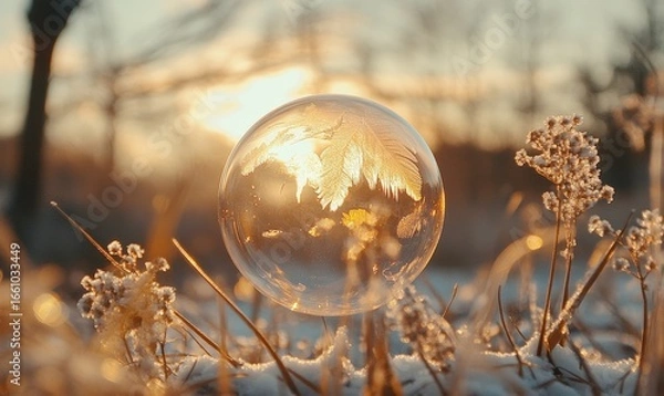Fototapeta Frozen soap bubble in crisp, cold air reflecting golden hour sunlight. This serene image captures the beauty and fragility of winter in a peaceful and visually stunning manner, Generative AI