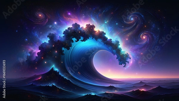 Fototapeta A magnificent celestial wave of cosmic energy crests over a fantasy ocean under a vibrant star-filled galactic sky.