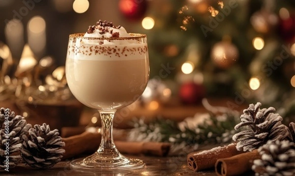 Fototapeta Cozy drink surrounded by Christmas elements and festive decorations, creating a warm, inviting atmosphere perfect for the holiday season. This festive image evokes the comfort, Generative AI