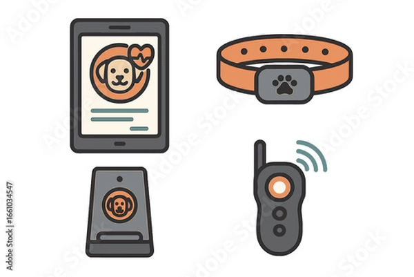 Fototapeta Modern pet care technology devices collection. Smart dog collar with activity tracker, remote training device, automatic food dispenser, tablet with pet health app. Vector cartoon style illustration.