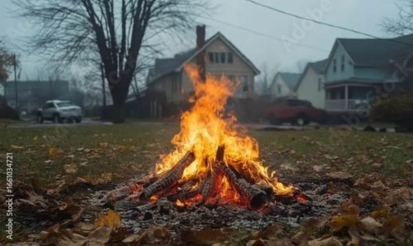 Fototapeta Heating season air pollution from residential burning of wood, coal, or fossil fuels, contributing to smog and environmental issues in urban areas, Generative AI