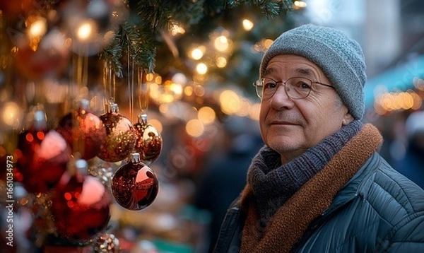 Fototapeta Elderly gentleman enjoying the vibrant atmosphere of a Christmas market, admiring festive decorations, twinkling lights, and holiday ornaments. The scene reflects the warmth, Generative AI
