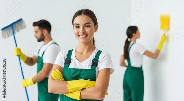 Fototapeta A team of professional cleaners in green uniforms and yellow gloves, ready to work, with one member smiling at the camera