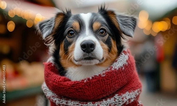 Fototapeta Lonely dog with a scarf standing in front of a vibrant Christmas market, feeling the festive winter atmosphere. This heartwarming image symbolizes the charm of the holiday season, Generative AI