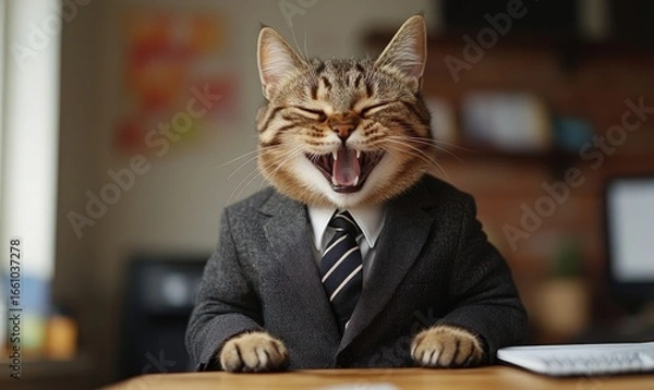 Fototapeta Office setting with a laughing cat dressed in a corporate suit and tie. The pet adds humor and fun to the workplace environment, playfully representing a company leader, Generative AI
