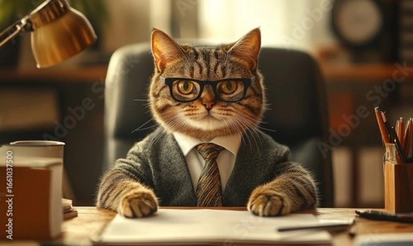 Fototapeta Office environment with a serious-looking cat dressed in corporate clothing and a tie, humorously symbolizing a pet in a professional workplace. This funny take on corporate life addd, Generative AI