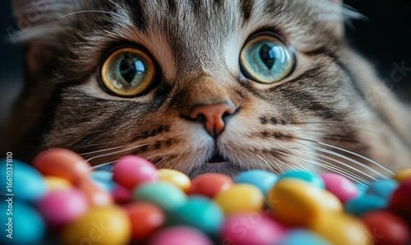 Fototapeta Domestic cat eyeing colorful sweets and candy, symbolizing the potential dangers of feeding pets human food. The image emphasizes the importance of keeping harmful sweets away, Generative AI