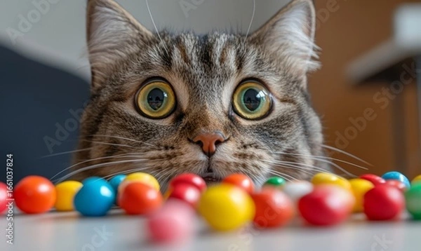 Fototapeta Domestic cat eyeing colorful sweets and candy, symbolizing the potential dangers of feeding pets human food. The image emphasizes the importance of keeping harmful sweets away, Generative AI